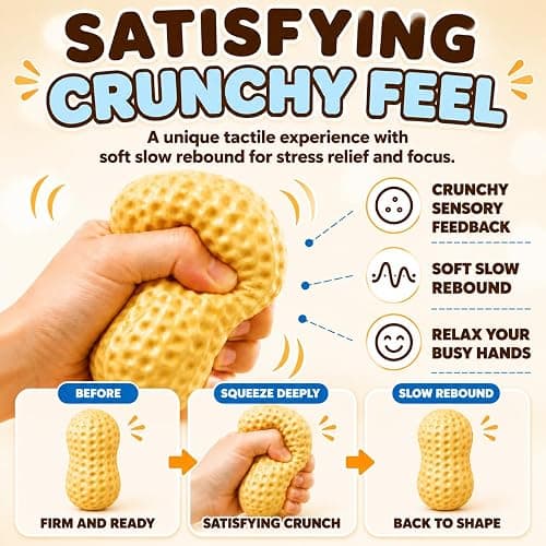 Crunchy Peanut Squishy, Bead Filled ASMR Squeezy (1PC) | Realistic Food Shaped Decompression Squeeze Ball, Soft Slow Rebound Sensory Gift for Office Adults thumbnail 2