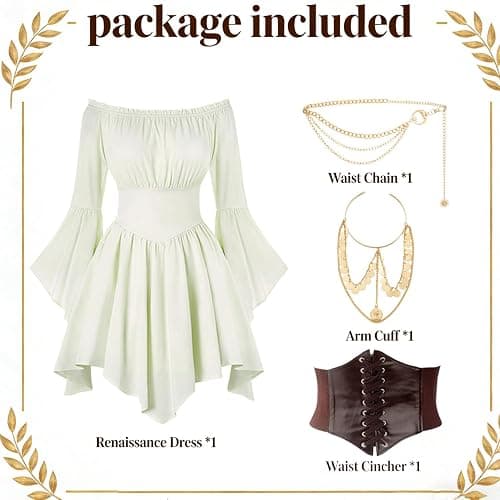 SVMVVGW Renaissance Costume Women Pirate outfit Ren Faire Dress Off Shoulder Bell Sleeve Arm chain Waist Belt waist chain thumbnail 2