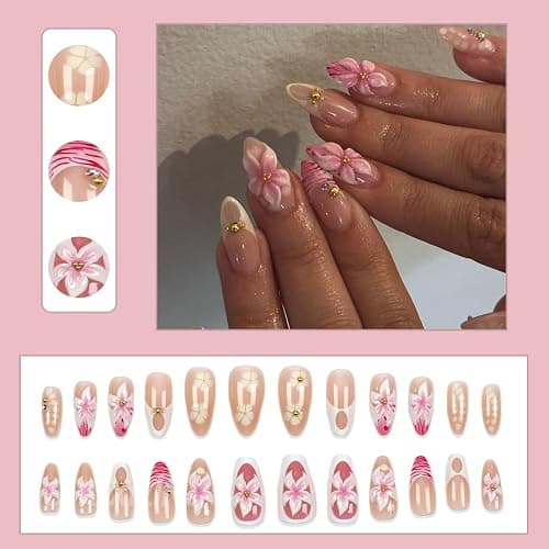 3D Flower Summer Press on Nails Medium Almond French Tip Fake Nails 3D Flower Hibiscus with Gold Beads Design Glue on Nails Full Cover Artificial Acrylic Nails Stick on Nails for Women Manicure Decor thumbnail 3