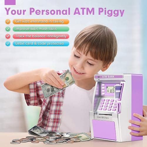 Purple Piggy Bank for Kids, ATM Machine Bank for Real Money with Debit Card, Bill Feeder, Coin Recognition, Balance Calculator, Electronic Savings Safe Box, Gifts for Teen Boy Girl thumbnail 5