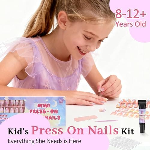 Qiek 16 Sizes 128 Pieces Press on Nails for Kids, 4 pack Kids Nail Kit Colorful Flower Almond Fake Nail Tips for Girls 8-12 Years Old with Jelly Nail Adhesives & Nail Glue Birthday Christmas Gifts thumbnail 2