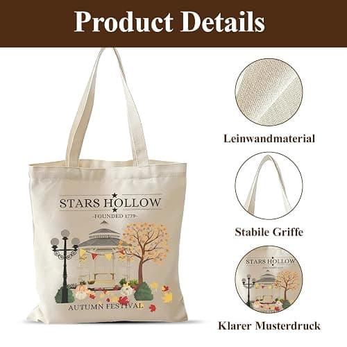 Leseogye Stars Hollow Stofftasche, Gilmor Jutebeutel, Funny TV Show Handtasche Damen, Aesthetic Leinwand Einkaufstasche mit Langen Henkeln, Stoffbeutel Bedruckt für Reise für Fans, 40x35cm thumbnail 4