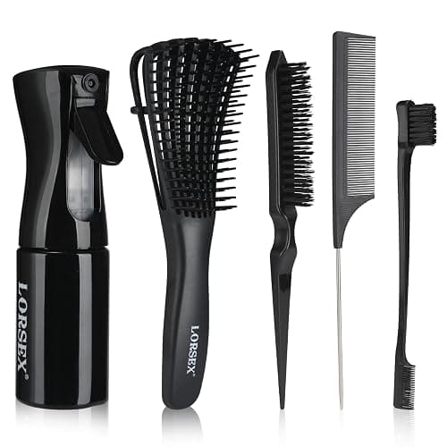 LORSEX Haarbürste mit 200ml Haar Sprühflasche, Entwirrbürste für Naturhaar für Afro Haare 3a bis 4c Verworrenes, Welliges, Lockiges Haar, mit 3 Stück Toupier Bürste Set Doppelkanten Bürste (Schwarz) - Image 1