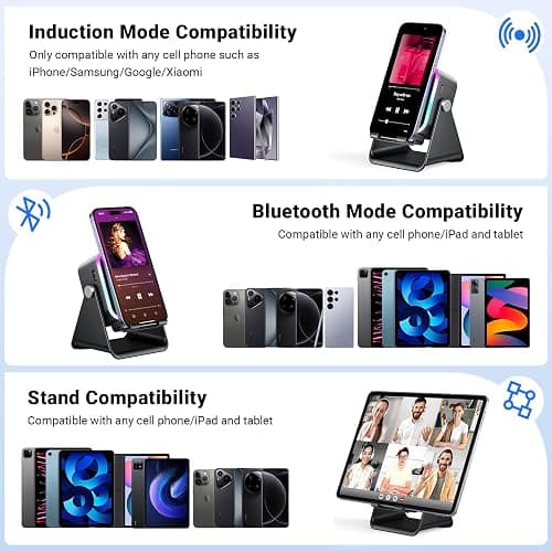 Induction Speaker with Phone Stand 5 in 1 Wireless Induction Bluetooth Audio for iPhone Android Phone Speakers Amplifier with Rechargeable Colorful Light, Birthday Gifts for Men Women Teens (Black) thumbnail 9