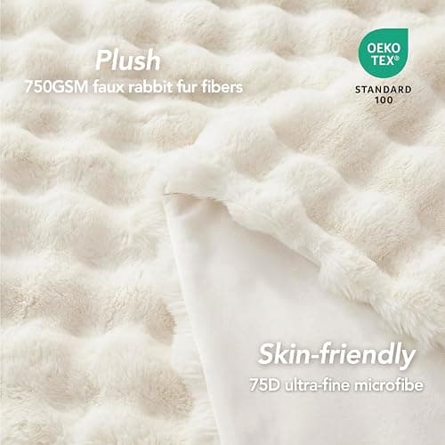 L'AGRATY Faux Fur Throw Blanket: 60" x 80" Luxury Soft Fluffy Thick Rabbit Fur Blankets for Twin Bed Couch - Cozy Plush Bubble Blankets for Winter: Warm Flannel Fleece Decorative Blanket(Cream White) thumbnail 5