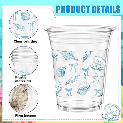 Rngmsi Blue Bow Plastic Cups - 50 Pcs Starfish Seashell Beach Clear Disposable Cups, 12 OZ Summer Ocean Party Decor for Blue Bachelorette Birthday, Mermaid Party Favor Supplies thumbnail 4