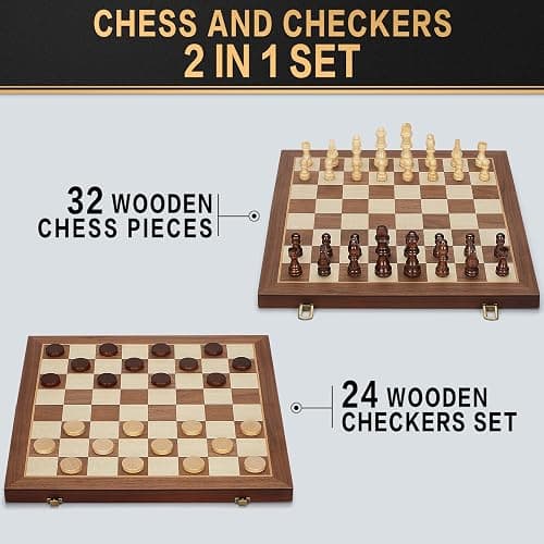 2 in 1 Magnetic Wooden Chess and Checkers Board Game Set, 15" Folding Chess Boards with 2 Extra Queens, Portable Travel Chess Sets with Pieces Storage Slots, Beginner Chess Game Set for Kids, Adults thumbnail 4