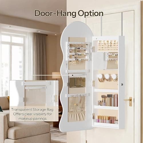 HOOBRO LED Mirror Jewelry Cabinet, Wall/Door Mounted Jewelry Organizer, Jewelry Aromire with Wavy Mirror Full Length, Lockable Jewelry Storage Cabinet, Interior Mirror, 16.5" x 4.1" x 43.3", White thumbnail 6