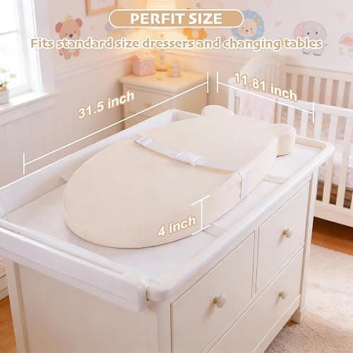 Baby Changing Pad, Waterproof & Wipeable Soft Diaper Changing Mat with PU Cover, Contoured Baby Changing Pad for Dresser & Table, with Non-Slip Safety Belt, Portable & Lightweight,Large Cushioned Foam thumbnail 4
