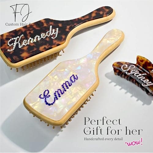 Personalized Rhinestone Hair Brush with Name - Custom Bling Hairbrush for Women & Girls, Handmade Marble Bamboo Wood Brush for Scalp Massage, Detangling, Gifts(Shell White) thumbnail 6