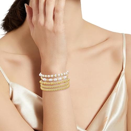 Gold Bracelets for Women Pearl Bracelet 14k Gold Plated Beaded Bracelet for Women Gold Stretch Bead Ball Bracelets Set Adjustable Gold Jewelry for Birthday Christmas Mother's Day Gifts thumbnail 5