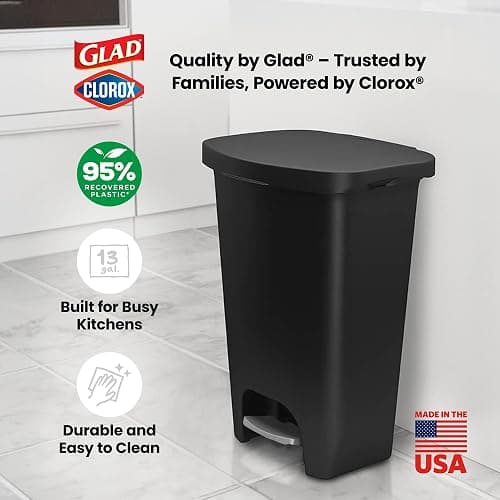 Glad 13 Gallon Trash Can | Plastic Kitchen Waste Bin with Odor Protection of Lid | Hands Free with Step On Foot Pedal and Garbage Bag Rings, Black thumbnail 6