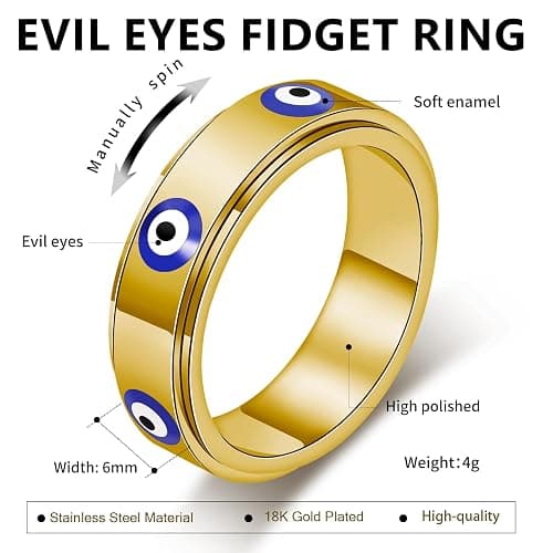 Evil Eye Fidget Ring for Women - 18K Gold Plated Stainless Steel Spinner Rings for Anxiety Relief, Ojo Turco Ring Luck Amulet, Turkish Faith Protection Stackable Jewelry Gift for Women Men thumbnail 6