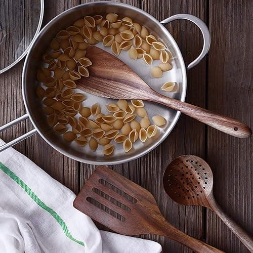 Lot de 6 Ustensiles de Cuisine en Bois de Teck Naturel - Grande Taille, Antiadhésifs, Cuillères, Spatule, Passoire - Durables thumbnail 6