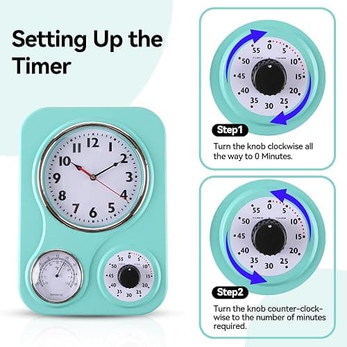 Lily's Home - 9.5 Inch x 12.5 Inch - Retro Kitchen Wall Clock, Vintage Wall Clock with a Thermometer and 60-Minute Timer, Ideal for Any Kitchen, Office, or Diner (Turquoise) thumbnail 6