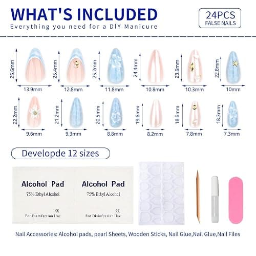 Almond Press on Nails Medium Fake Nails 3D Flower French Tip False Nails Stick on Nail Water Ripple Glossy Glue on Nails Gold Starfish Floral Full Cover Artificial Acrylic Nail for Women Kit 24PCS thumbnail 4
