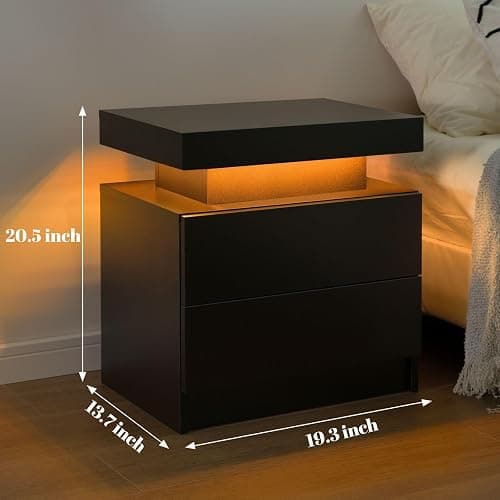 Cubehom Black Nightstand LED Set of 2 Black Bedside Table LED Night Stand with LED Lights Modern End Side Table with 2 Drawers for Bedroom - Deep Black thumbnail 2