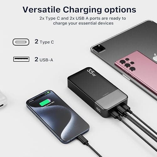 Portable Power Bank 20000mAh, JUOVI 35W Cargador portátil, batería de Carga rápida, PD3.0 QC4.0 batería Externa del teléfono con Pantalla LED para el iPhone 16 15, Galaxy, Tablet, Switch, etc thumbnail 6