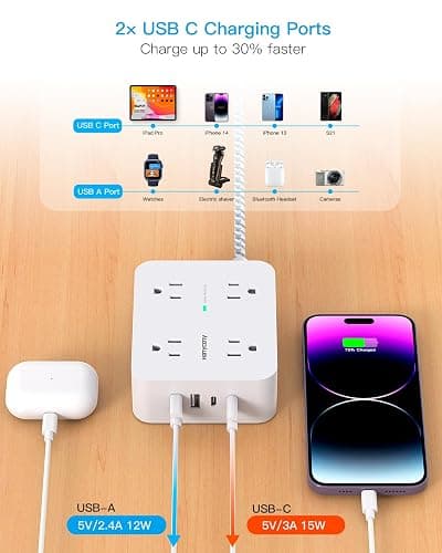 Surge Protector Power Strip - HANYCONY 8 Outlets 4 USB (2 USB C) Charging Ports, Multi Plug Outlet Extender, 5Ft Braided Extension Cord, Flat Plug Wall Mount Desk Charging Station for Home Office ETL thumbnail 5