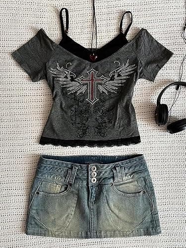 Emo Grunge Shirts Women 2000s Graphic Baby Tees Fake Two Piece Short Sleeve Vintage Y2k Crop Top Goth Alt Clothes - Grey Red - Large thumbnail 2