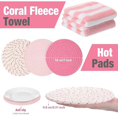 Zubebe Pink Oven Mitts and Pot Holders with Kitchen Towels Set of 7, Valentine's Day Gift for Women Heat Resistant Oven Gloves Kitchen Hand Towels Hot Pads for Cooking Baking(Plaid) thumbnail 4