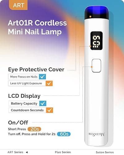 MelodySusie Handheld UV Light for Gel Nails, ART01R Cordless Gel X Nail Lamp Rechargeable with LCD Display, Eye-Protective Cover Flash Cure Nail Dryer for Rhinestone Glue Decoration DIY at Home White thumbnail 2