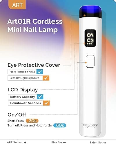 Melodysusie Handheld UV Light for Gel Nails, ART01R Cordless Gel X Nail Lamp Rechargeable with LCD Display, Eye-Protective Cover Flash Cure Nail Dryer for Rhinestone Glue Decoration DIY at Home White thumbnail 3