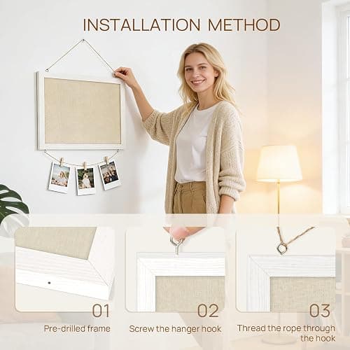 DOLLAR BOSS Double-Sided Bulletin Boards with Linen, 16"x12" 1PC Cork Board | Corkboards for Walls, Small Pin Board, Wood Framed, Decorative Hanging, For Home Kitchen Office, 10 Pushpins 10 Clips thumbnail 7