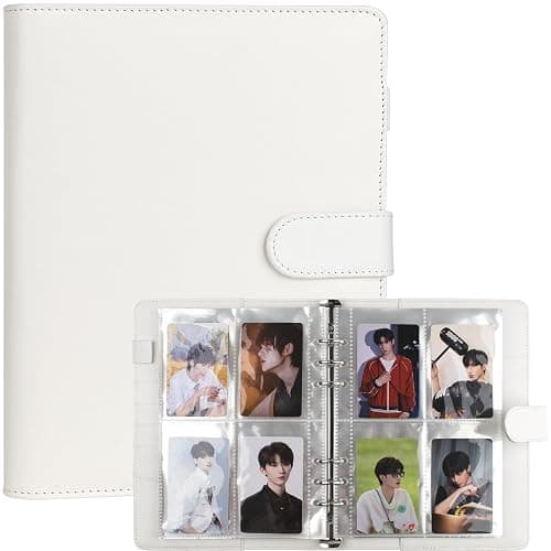 A5 Kpop Photocard Binder, 6 Ring Binder Album with 200 Card Slots, PU Leather Binder Cover with Magnetic Buckle Closure for Organizing Trading Cards - White - Image 1