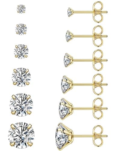 6 Pairs Stud Earrings Set, Hypoallergenic Cubic Zirconia 316L Earrings Stainless Steel CZ Earrings 3-8mm - Image 1