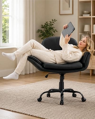 Criss Cross Office Chair, PU Leather Ergonomic Swivel Vanity Chair | 5-Level Adjustable Armrests, 45.3" Wide Breathable Leather Seat, Cross Legged Chair for Bedroom thumbnail 8