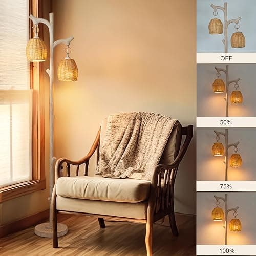 68" High Farmhouse Rustic Country Cottage Floor Lamp Tree Trunk Faux Wood Column White Washed Wicker Drum Shade Decor for Living Room Bedroom Reading Room thumbnail 3