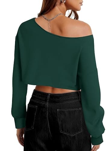 Remidoo Women's Off the Shoulder Cropped Sweatshirt Asymmetrical Neck Long Sleeve Crop Tops thumbnail 2
