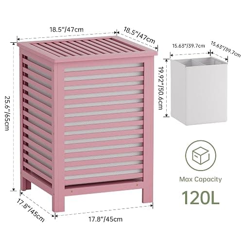 SMIBUY Double Laundry Hamper with Lid, 120L Bamboo Laundry Basket with Removable Liner Bag, 2-Section Clothes Divider Laundry Sorter for Laundry Room, Bathroom, Bedroom (Pink) thumbnail 3