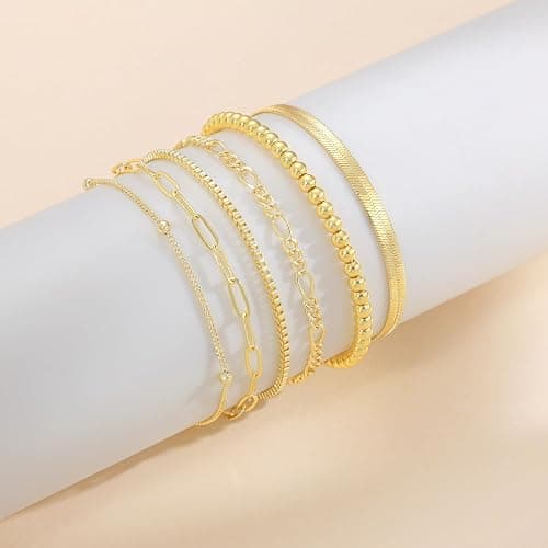 DEARMAY Gold Bracelets for Women Waterproof, 14K Gold Plated Jewelry Sets Trendy Thin Dainty Stackable Cuban Link Paperclip Chain Bracelet Pack Fashion Accessories Gifts for Womens thumbnail 7
