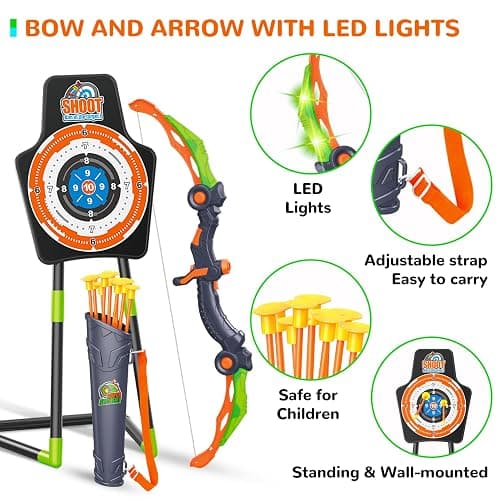GMAOPHY Bow and Arrow for 5 6 7 8 9 10 11+ Year Old Boys, Birthday Gift for Kids, Indoor Outdoor Activity Toys, 2 Pack LED Light Up Archery Toy with 20 Suction Cup Arrows, Standing Target - Green thumbnail 6