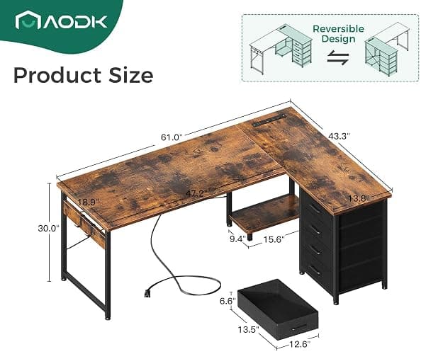 AODK L Shaped Desk with 4 Tier Drawers, 61" Reversible Gaming Desk with Power Outlets, L Shaped Computer Table with USB Charging Port and Host Stand, Home Office Table, Easy to Assemble, Vintage thumbnail 3