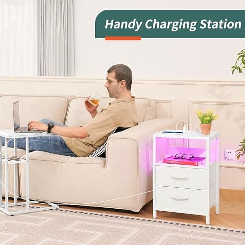 Yoobure Nightstand with Charging Station, LED Night Stand with Fabric Drawers and Storage Shelf for Bedroom, Nightstands Bedside Tables with USB Ports & Outlets, Small Night Stands, Bed Side Table thumbnail 4
