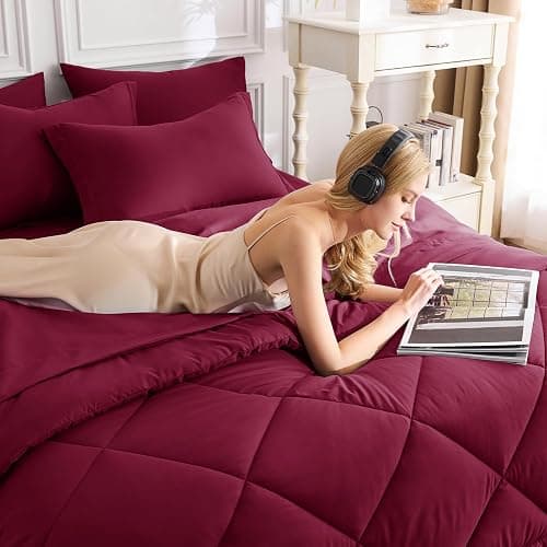 CozyLux Queen Comforter Set Burgundy - Bed in a Bag Queen Size 7 Pieces, Luxury Soft Bed Set for All Seasons, Bedding Set with Down Alternative Comforter, Sheets, Pillowcases & Shams, Red thumbnail 4