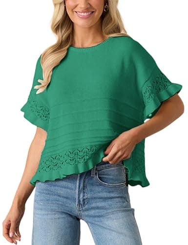Yeokou Womens Short Sleeve Sweater Round Neck Ruffled Hem Knit Crochet Pullover Summer Fall Casual Top Blouse thumbnail 2