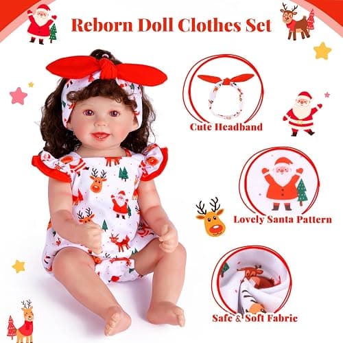 BABESIDE Reborn Baby Doll Clothes for 17- 22 Inch Dolls, Cute Santa Pattern Realistic Baby Doll Clothes Outfits with Headband, for Girls thumbnail 4