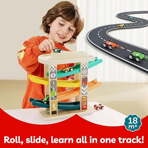 TOP BRIGHT Toddler Toys for 2 Year Old Boy, Wooden Car Ramp Race Track Set | Car Toys for Toddlers 1-3 with Cars and a Garage, Montessori Toys for 12 Year Old Boy Girl,Birthday Gift for Age 18+ Month thumbnail 4