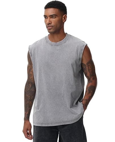 Mens Workout Tank Tops Sleeveless Tee Shirts Men Muscle Shirt Gym Acid Wash T Shirts Running Beach Loose Fit Tee thumbnail 3