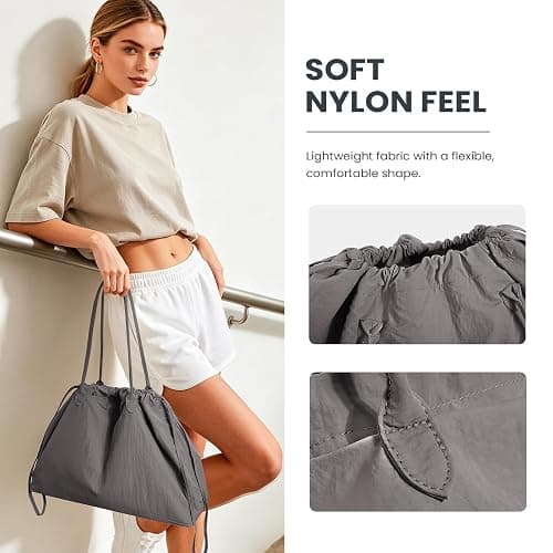 Cohawk Nylon Tote Bag for Women Versatile Drawstring Shoulder Bag Work Travel Tote Handbag with Easy Carry Handles thumbnail 3