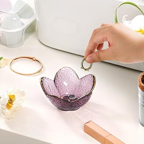 Purple Flower Jewelry Dish Glass Ring Holder Dish Jewelry Tray Cute Vanity Organizer Aesthetic Nightstand Bathroom Room Decor Trinket Dish Mothers Day Friendship Christmas Birthday Gifts for Women thumbnail 2