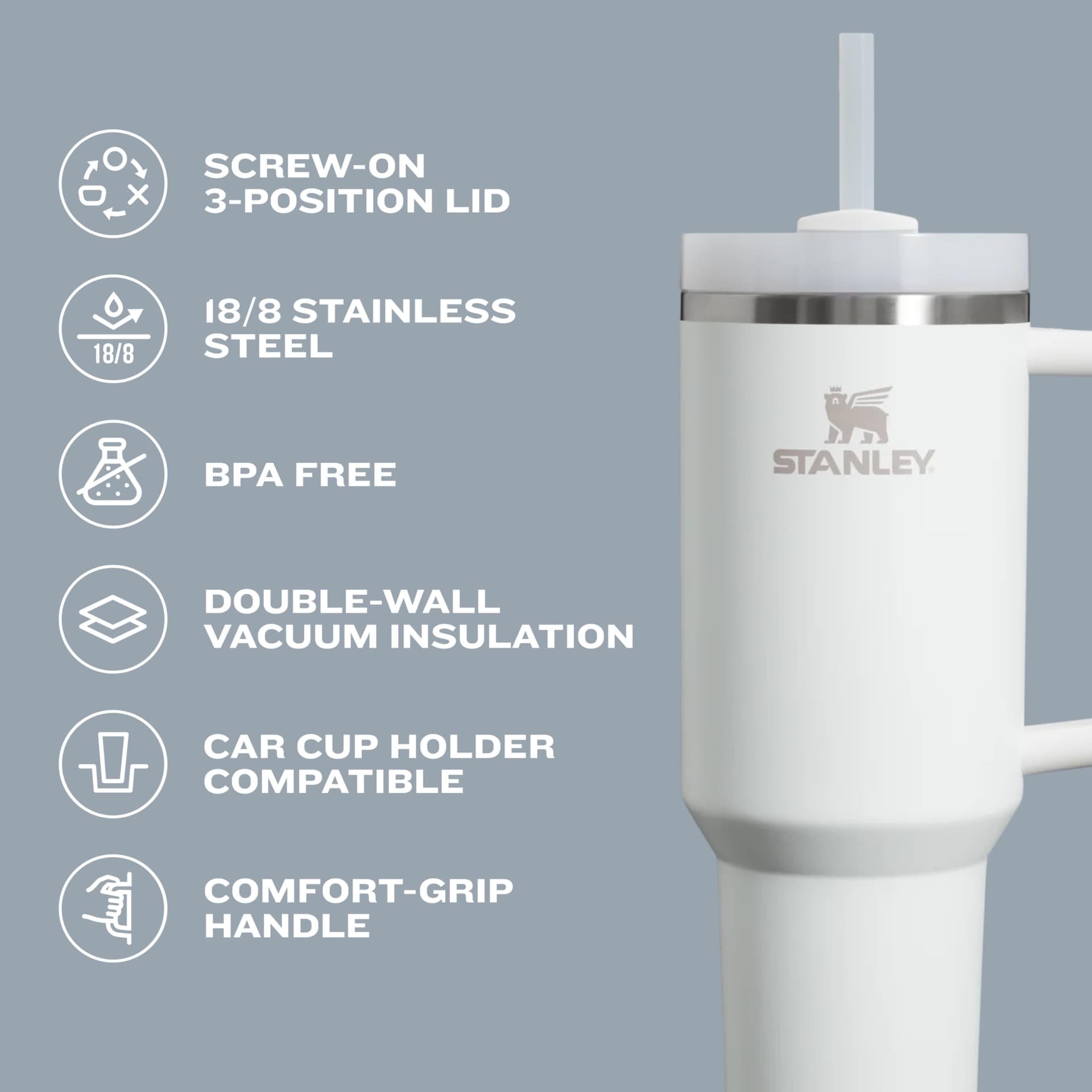 STANLEY Quencher H2.0 Vaso con asa y Pajita, 40 onzas, Tapa Flowstate de 3 Posiciones, Compatible para Viajes, Taza de Acero Inoxidable aislada, sin BPA, Flor de Cerezo thumbnail 4