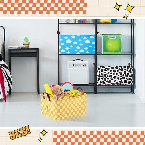 Yoojahow 3 Pack Storage Baskets Waterproof Canvas with Leather Handles Storage Bins Basket Organizer Collapsible for Closet Clothes Room Decor(Black, Yellow, Blue,Cartoon) thumbnail 2