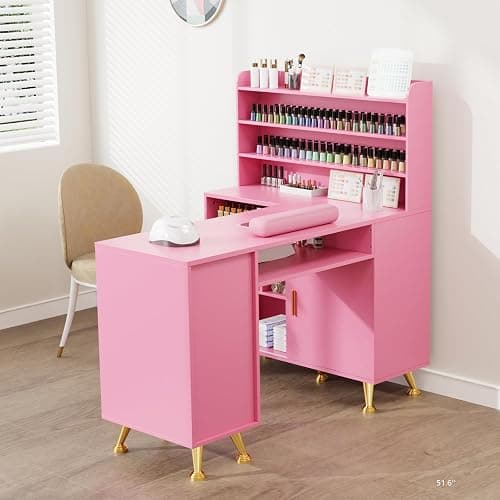 OmySalon L Shaped Manicure Table with Dust Collector, 52" L Corner Nail Desk for Nail Techs, w/Polish Display Rack Arm Rest, Acetone Resistant Top, Drawer and Cabinet Storage, for Nail Salon (Pink) thumbnail 2