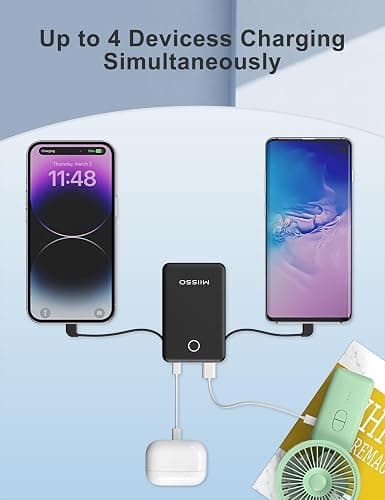 6000mah Ultra Slim Built in Cables Power Bank, Card Size Built in USB C Cords Battery Pack Portable Charger for Phones, 3 Output External Battery Pack Compatible with iPhone, Samsung, Deep Black thumbnail 7