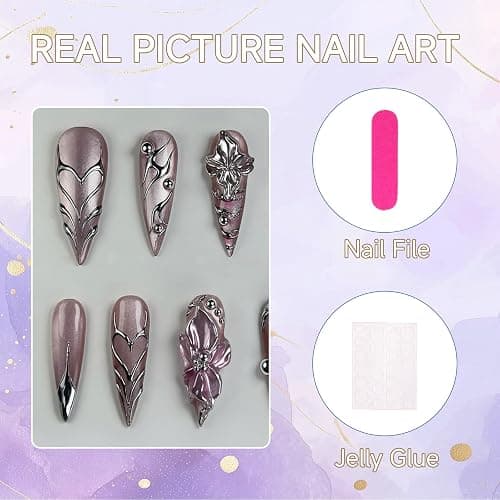 Auroriel 24 Stück Long Stiletto Press on Nails mit 3D Herz-, Blumen- & Schmetterlingsflügel Design Wiederverwendbare Acrylic Fake Nails Full Cover für Frauen Hochzeit Party Alltag thumbnail 5